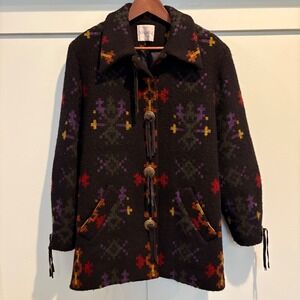 Vtg Doncaster Wool Blend Coat Women 8 Black Southwest Concho Fringe Aztec Navajo